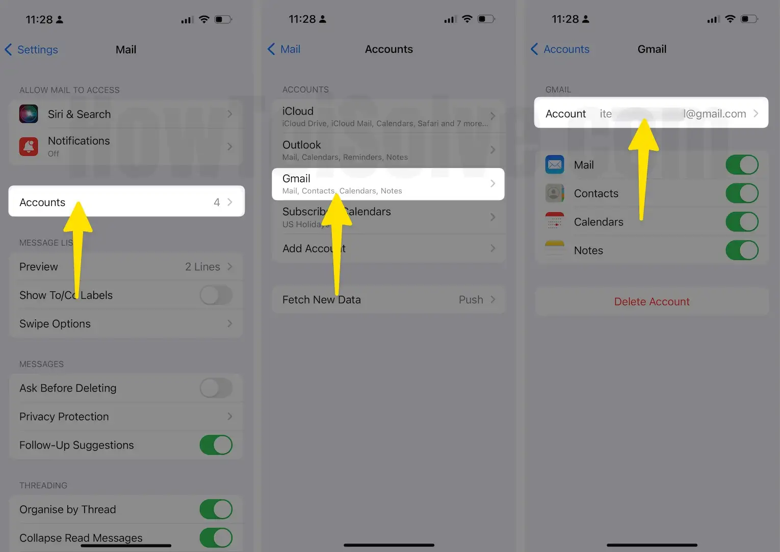 Click accounts tap on gmail then select account on iPhone