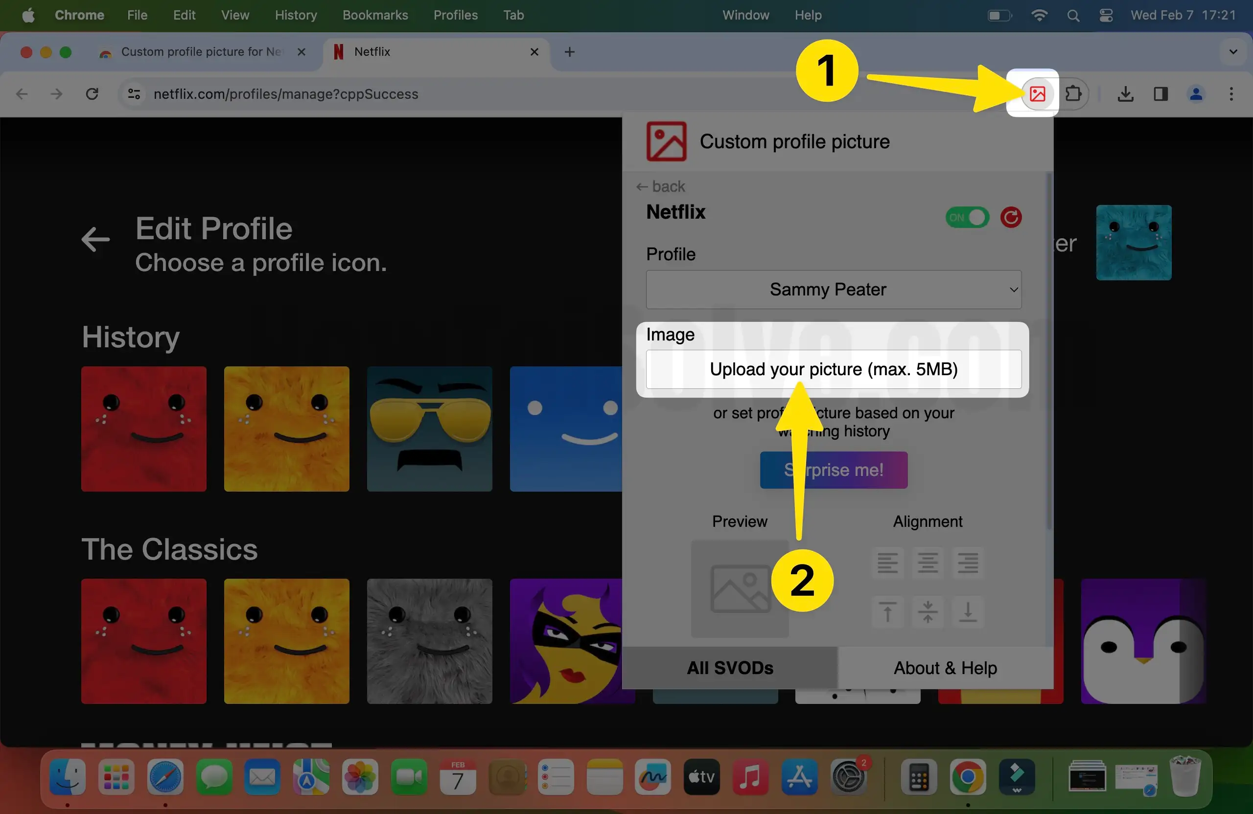 Click custom profile picture select Upload your picture on mac