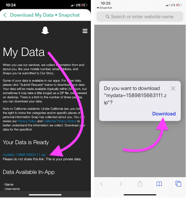 Загрузить данные Snapchat в приложение для файлов iPhone