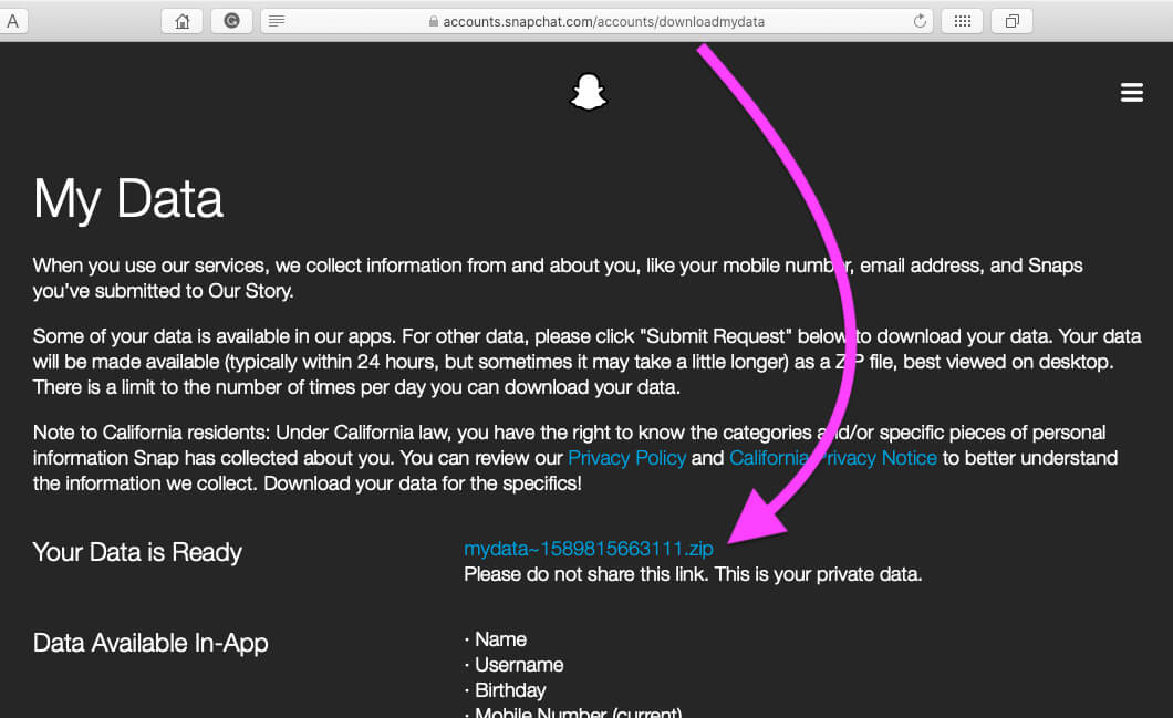 Загрузите данные Snapchat на ваш Mac или ПК браузер