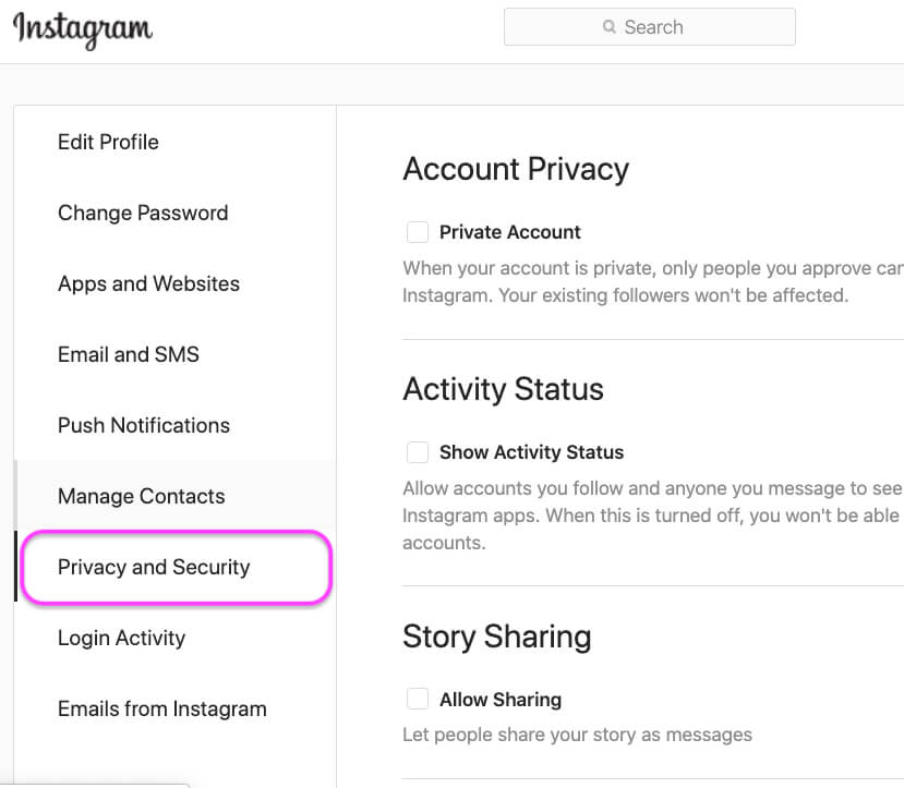 Privacy and Security settings on instagram Web browser