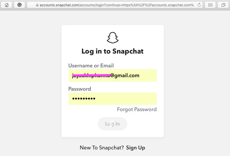 Snapchat account login on Desktop Web browser