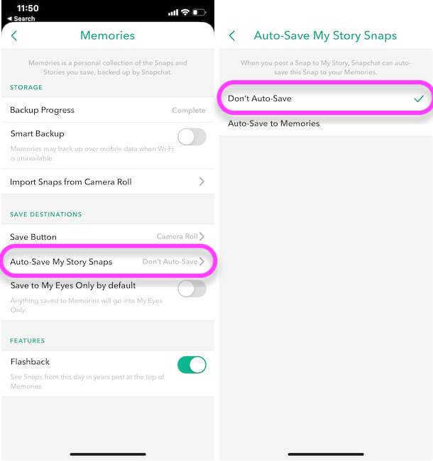 Stop Auto Save Story Snap to Memories