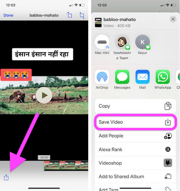 Tap on Share icon and Save video to iPhone camera roll Without TikTok Watermark