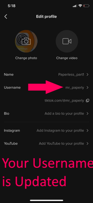 TikTok Username Changed from iphone tiktok app