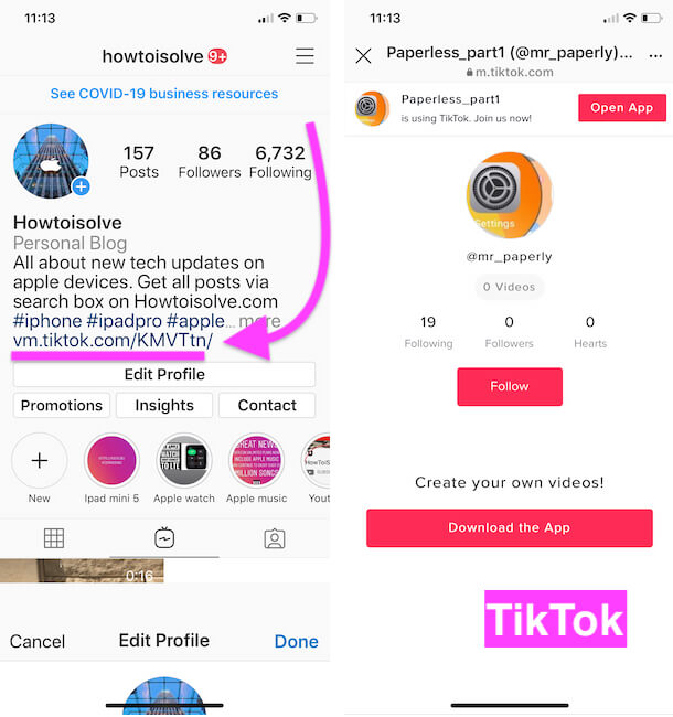 Tiktok profile open from instagram app after link account