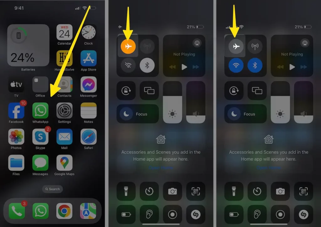 Access Control Center Enable Airplane mode Disable Airplane Mode on iPhone