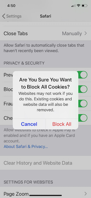 Block All the Cookies on iPhone safari Browser