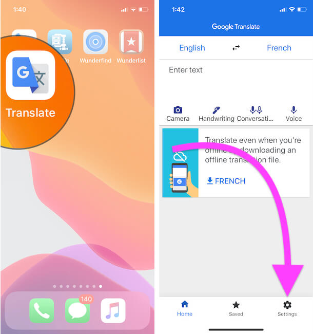 Google Translate App Settings on iPhone