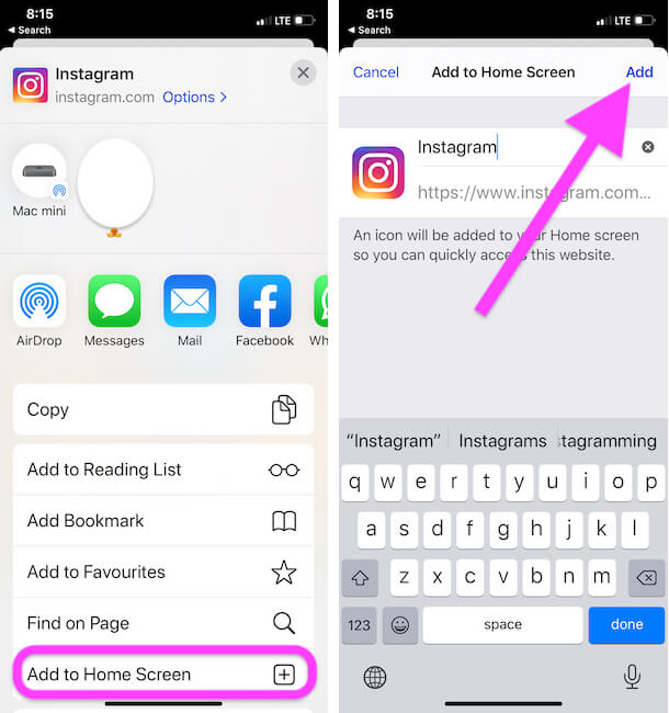 Instagram Add to Home screen on iPhone
