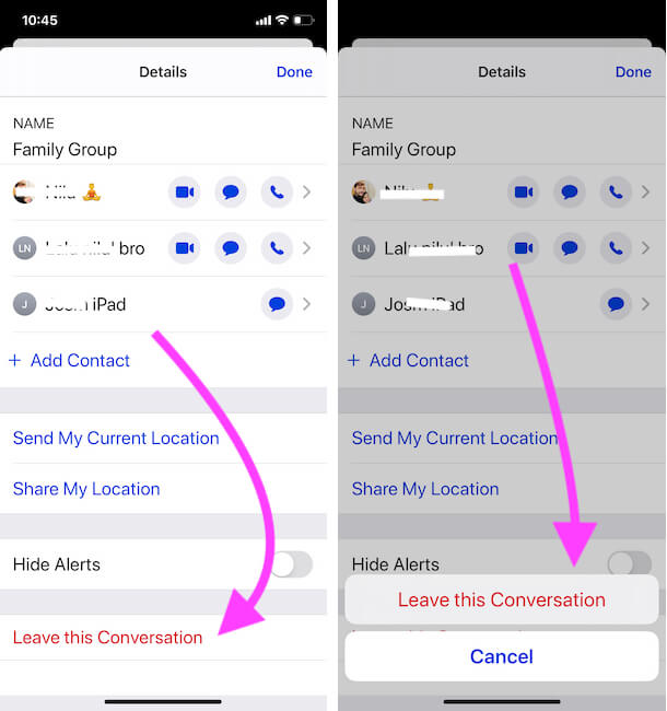 Leave from yourself in iMessage Group conversation on iPhone Messages app