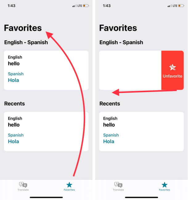 Manage Favorites and Remove from History on iPhone Translate App