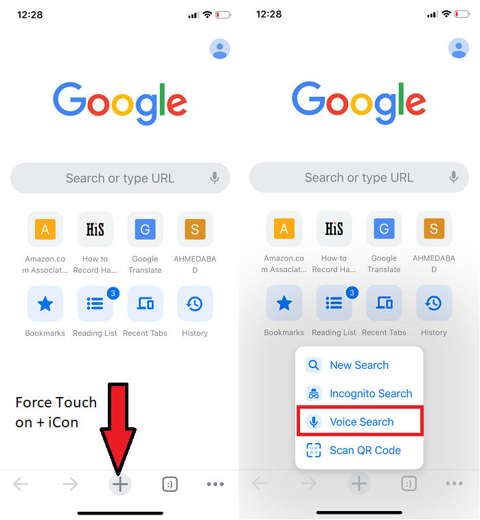 force touch on + icon to get shortcut to voice search menu and scan qr code menu