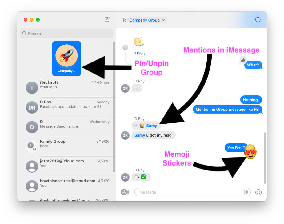 messages app on mac with Custom Memoji Sticker, Pin-Unpin,