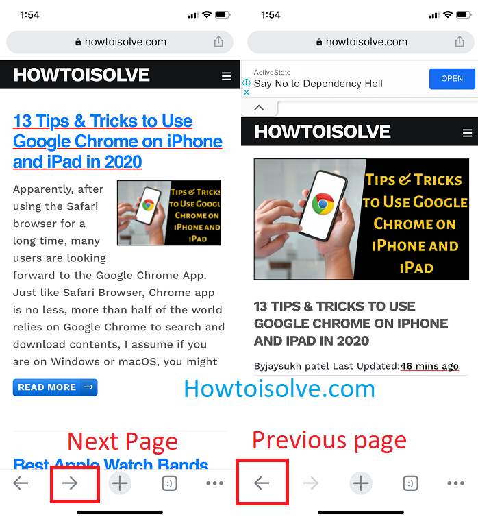 next page and previous page to switch between page quickly on google chrome iPhone ipad