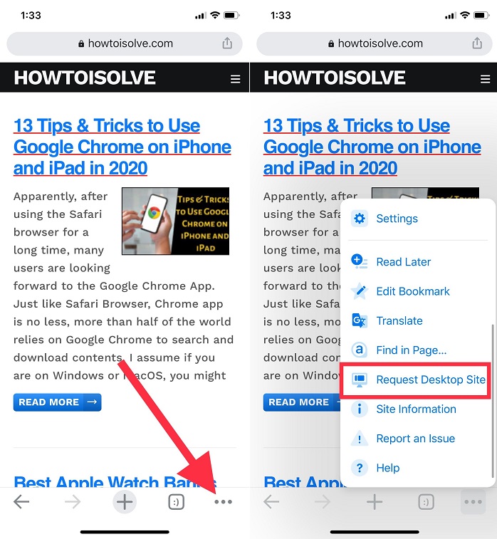 tap on three dots and scroll the pop up menu to find and tap request desktop site howtoisolve website