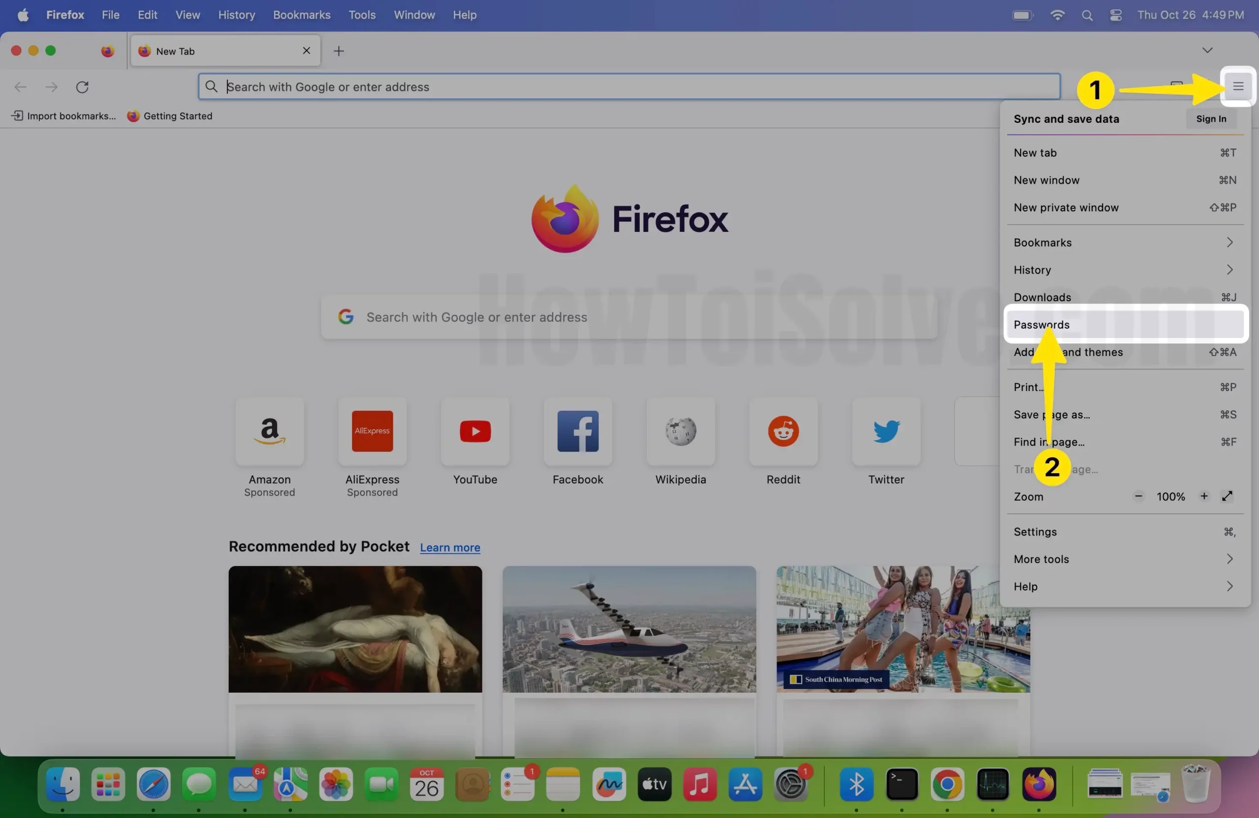 Перейдите в Firefox. Нажмите трехстрочный значок. Выберите пароли на Mac.