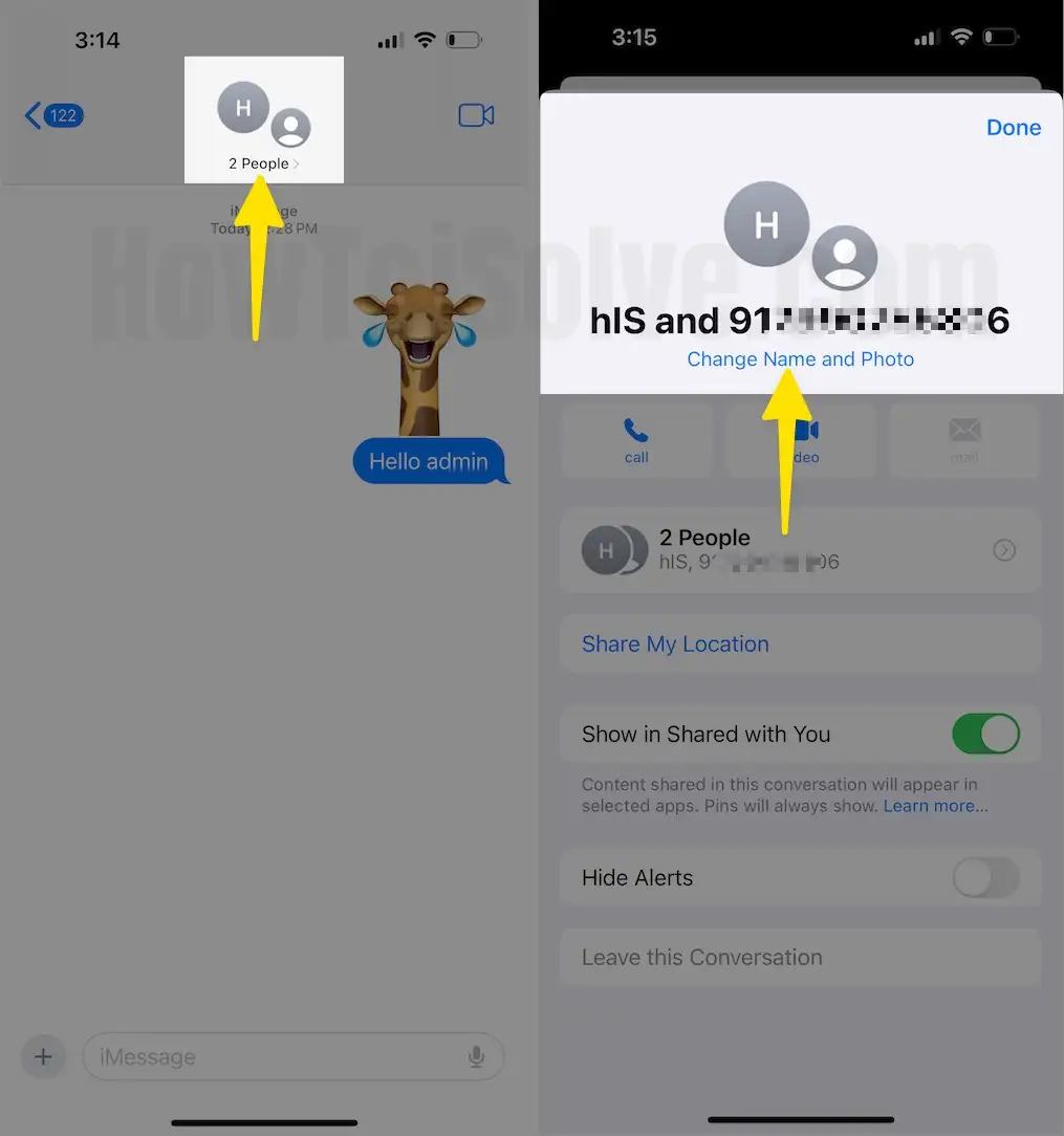 Select Center of the iMessage Group Chat Tap on Change Name and Photo on iPhone