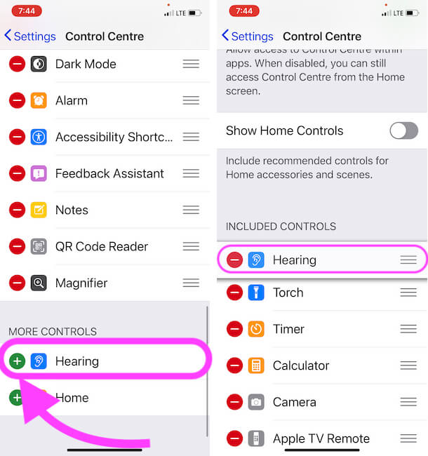 Add Hearing in Control Center on iPhone