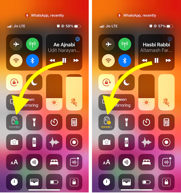 Check Hearing or Headphone Volume Level Status from Control center