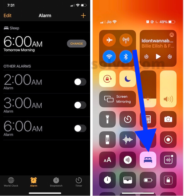 Enable and Disable Bedtime from control center on iPhone