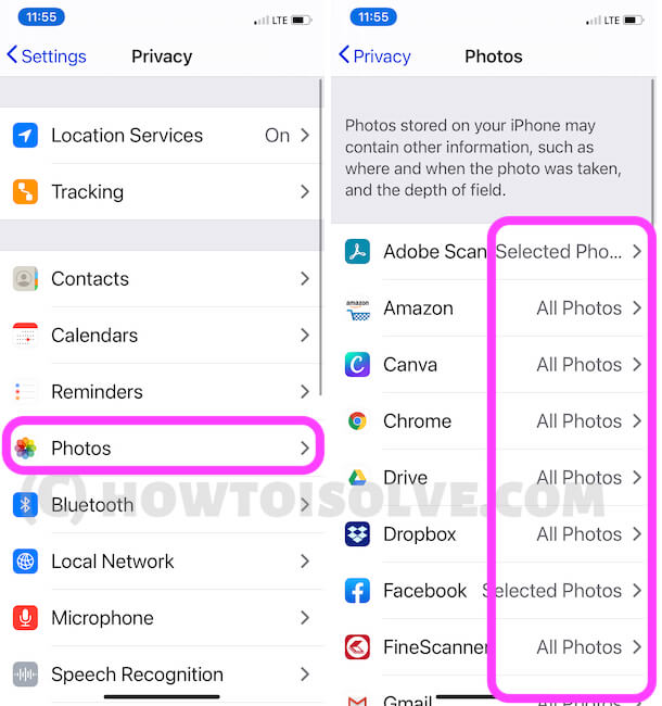 Photos Privacy for All apps on iPhone settings app