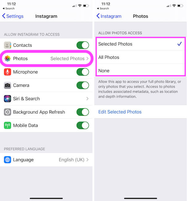 Select All Photos from App Installed on your iPhone under Privacy
