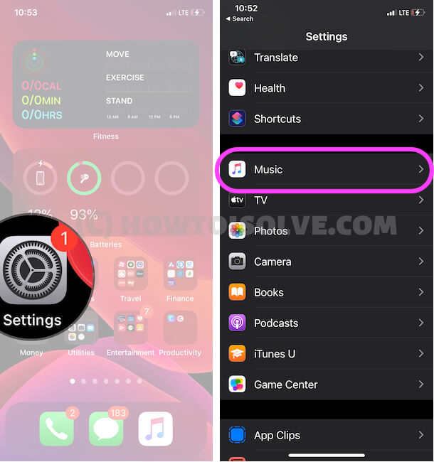 music App settings on iPhone