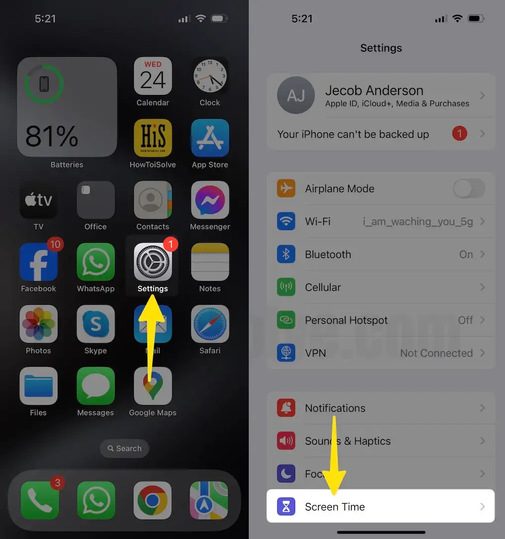 Open Settings App Select Screen Time on iPhone