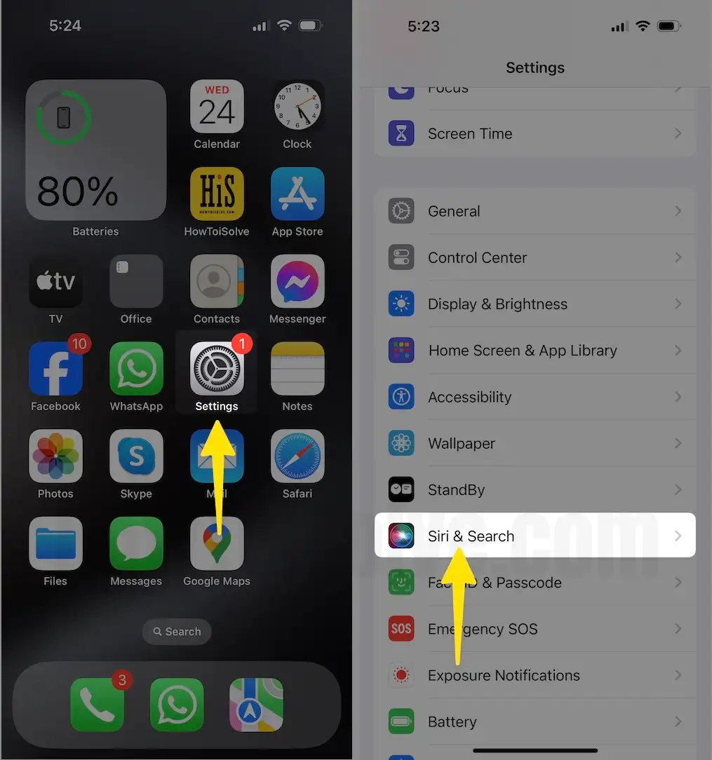 Open Settings App Select Siri & Search on iPhone