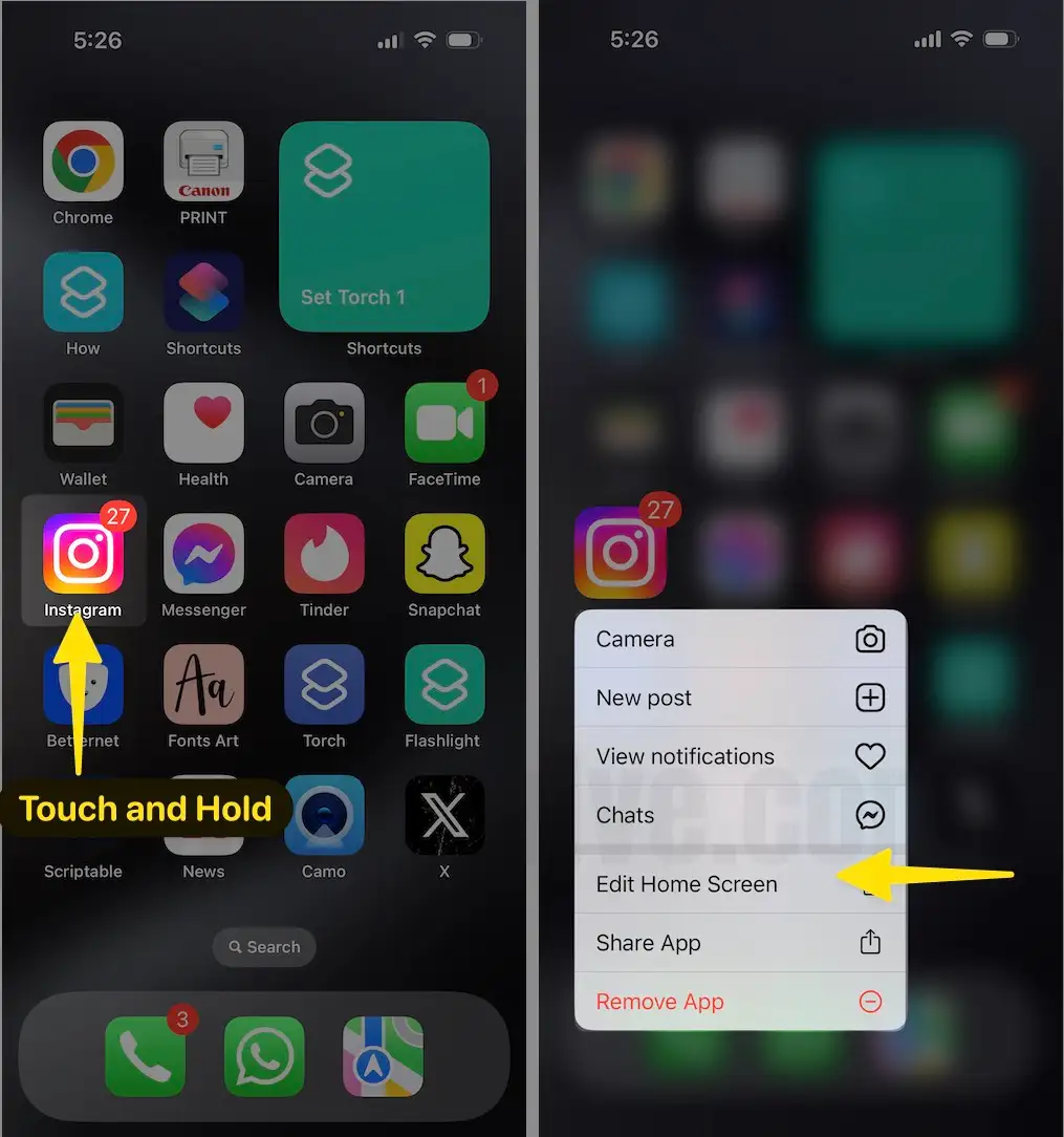 Touch and Hold Instagram App Choose Edit Home Screen on iPhone