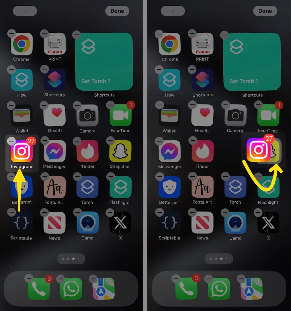 Drag the Instagram app onto another app on iPhone