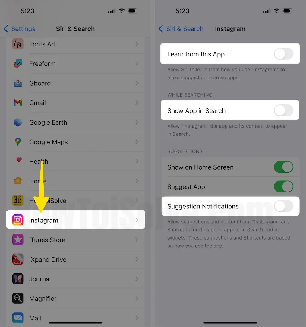 Tap on Instagram Disable Learn from this App,Show in search and Show Siri Suggestions on iPhone