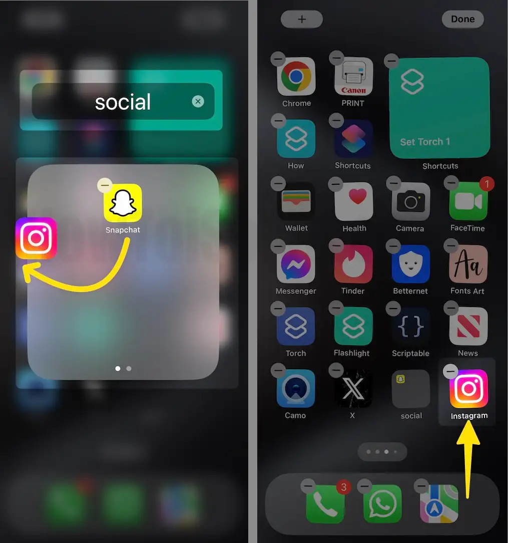 Drag and Drop the applications to remove from the App Folder on iPhone