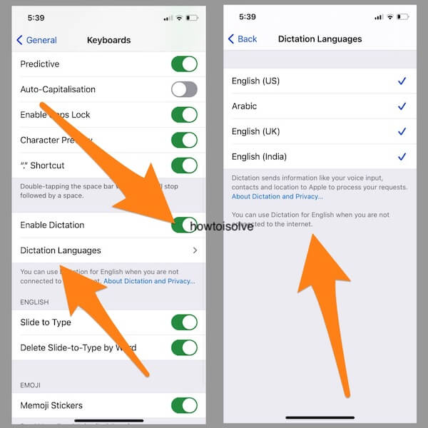 Enable Dictation from iPhone settings