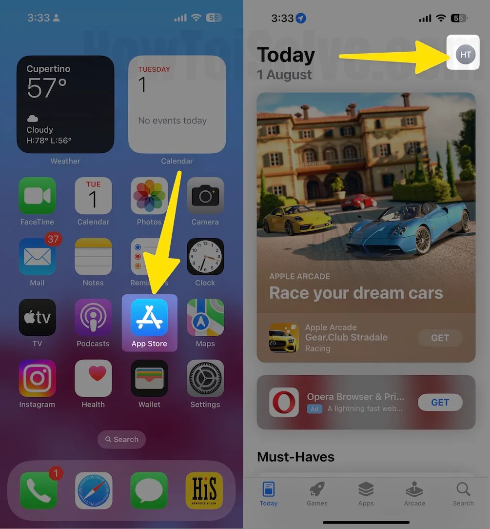 Launch the app store on the upper-right corner, hit the profile icon on iphone