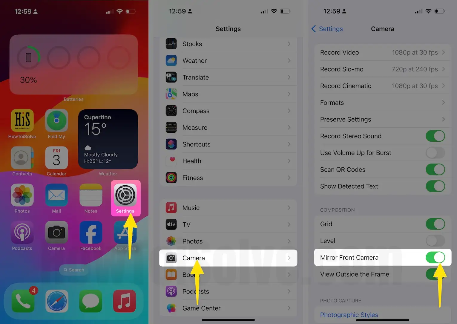 Launch the settings and tap on camera scroll the enable toggle mirror front camera on iPhone