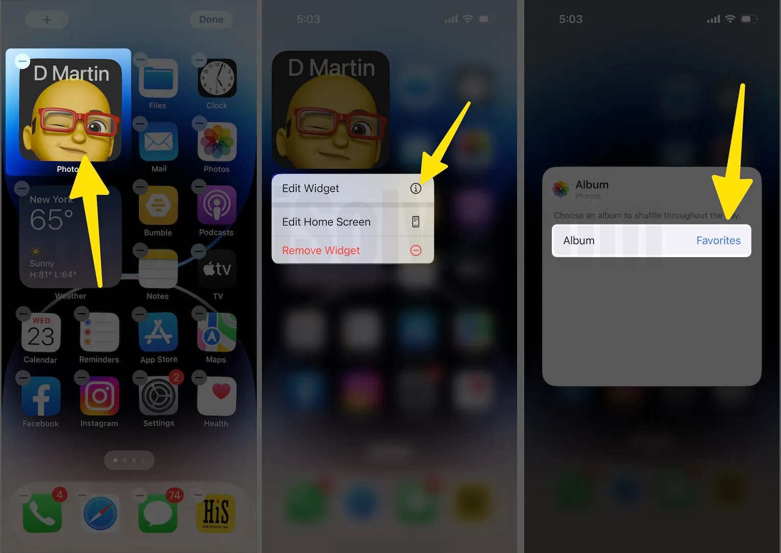 Press and hold tap on edit widget click favorites on iphone
