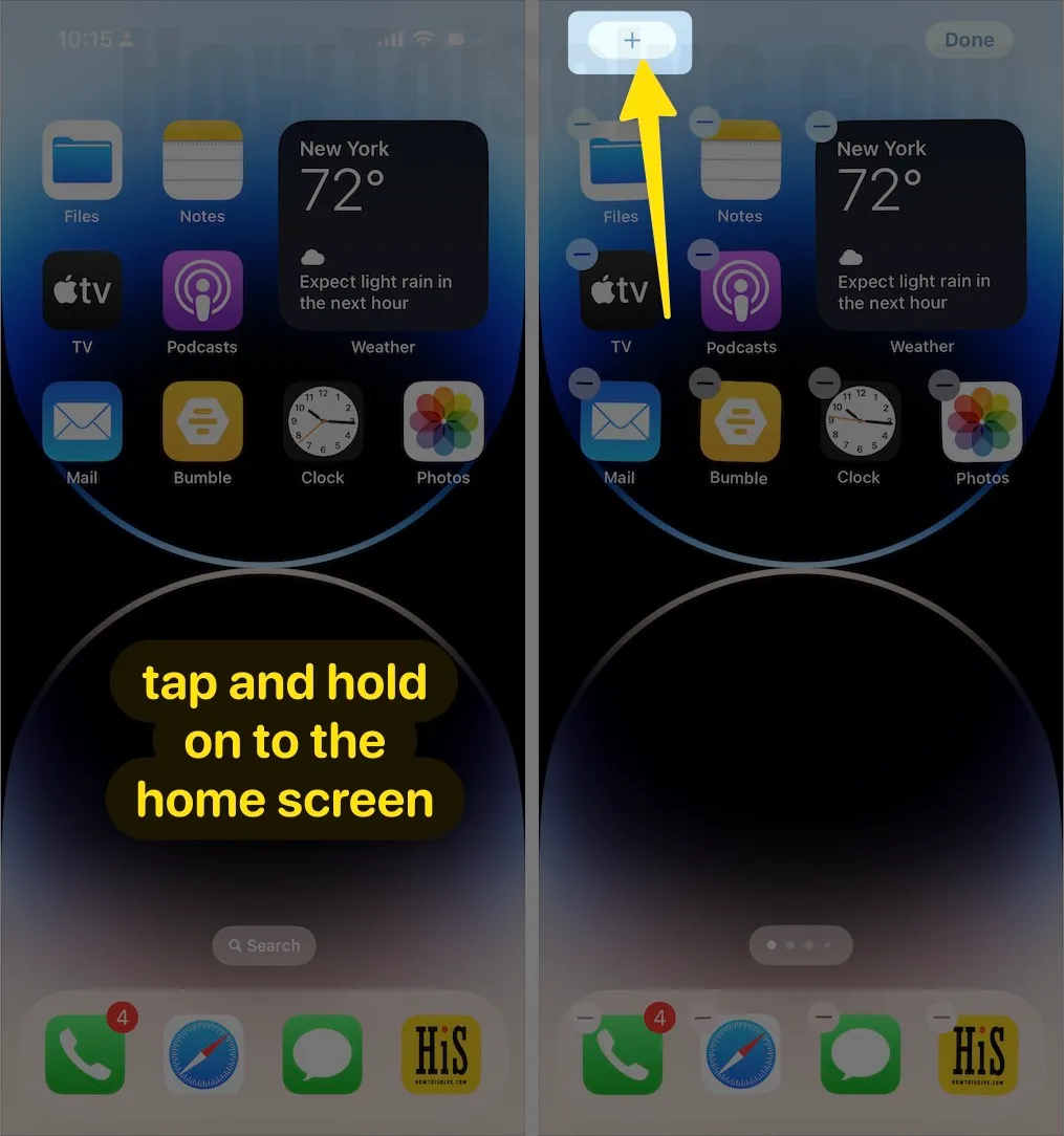 Tap and hold on to the home screen click on (+) plus icon o iphone to add widget on home screen