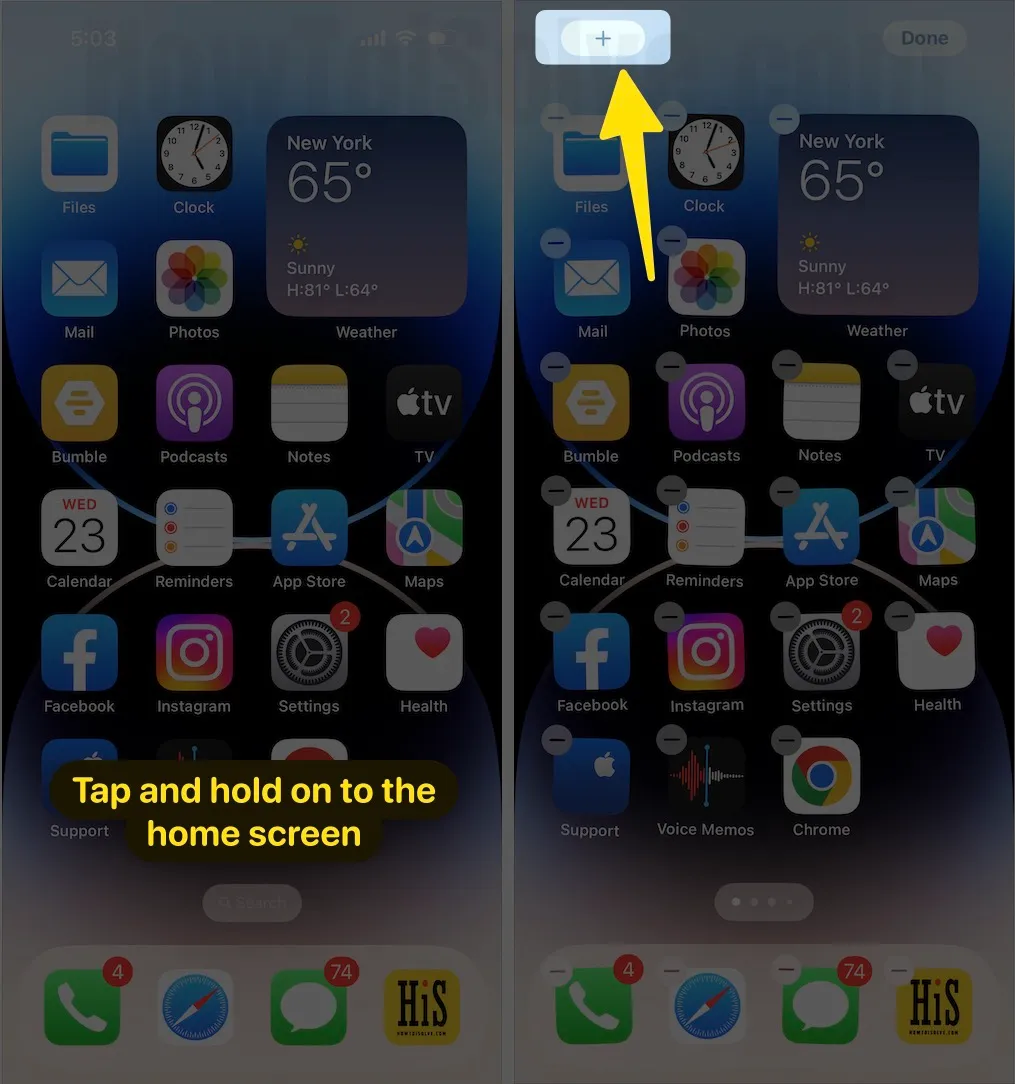 Tap and hold on to the home screen tap the (+) icon that appears in the left-upper corner on iphone