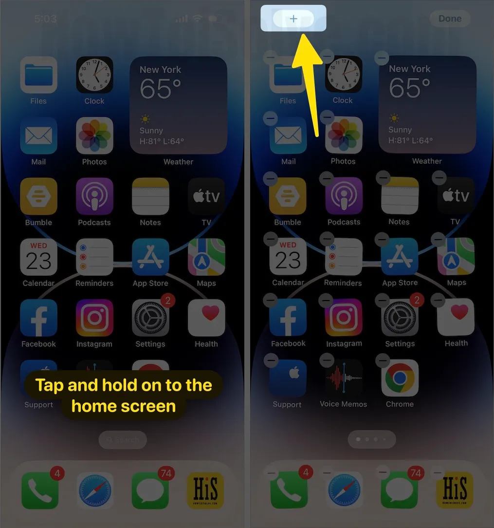 Коснитесь главного экрана и удерживайте его. Коснитесь значка (+), который появляется в левом верхнем углу iPhone.