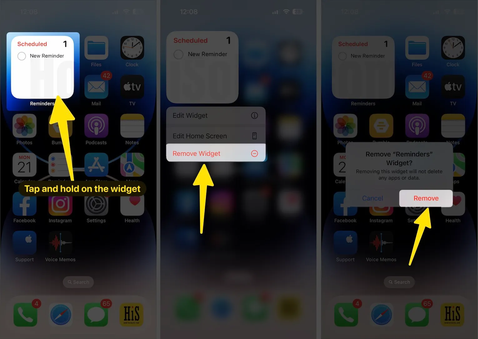 Touch and hold the reminder widget tap remove widget again tap remove on iphone