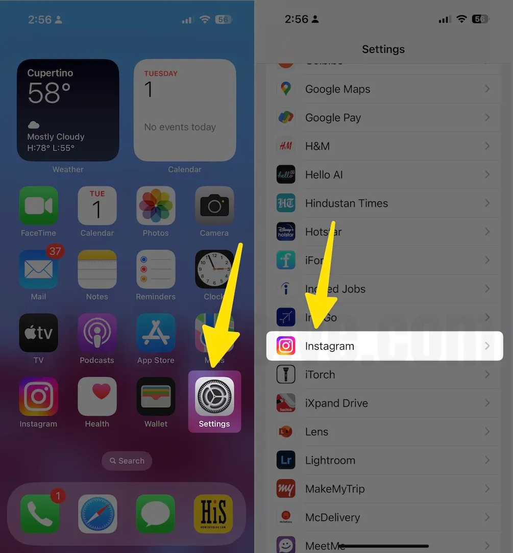 open settings scroll down and tap instagram on iphone
