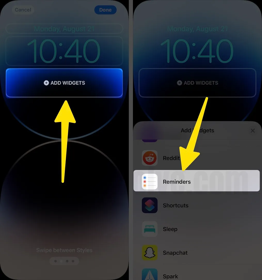 Tap add widgets scroll the reminders widget on iphone