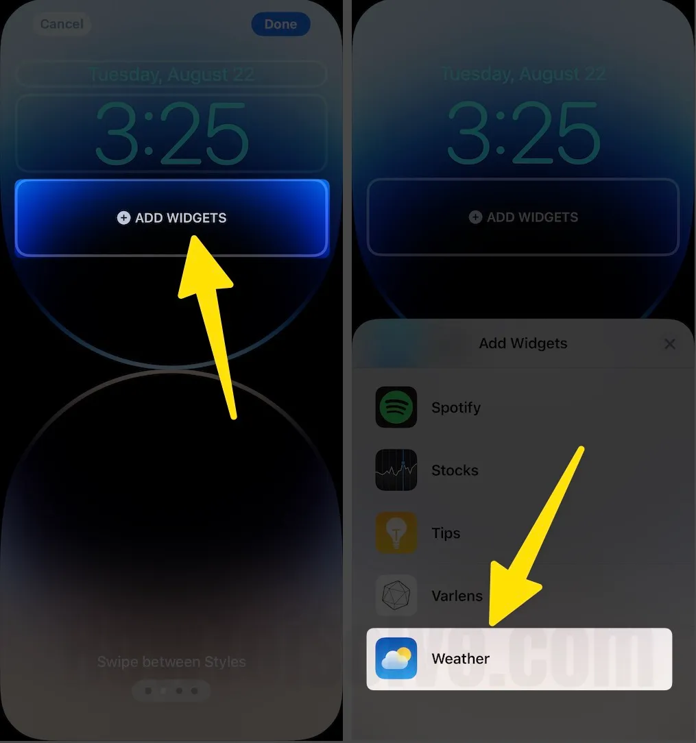 Tapping add widgets scroll weather on iphone lock screen