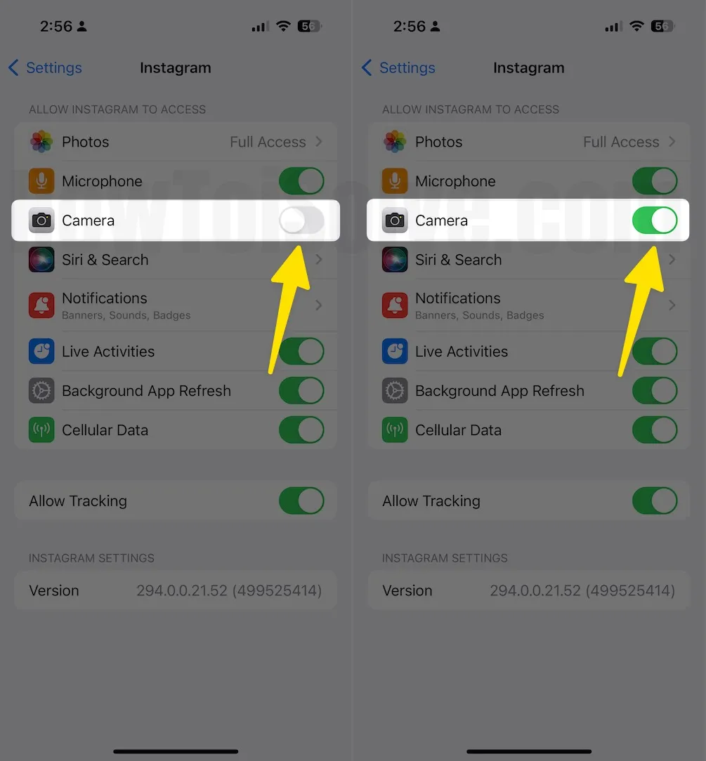 Under Allow Instagram to Access option turn Camera toggle on iphone