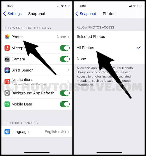 Allow All Photos access in snapchat