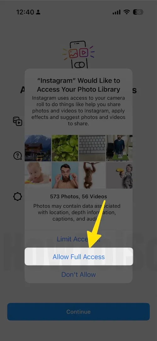 Select Allow Full Access Click on Camera icon to launch the camera app on iphone