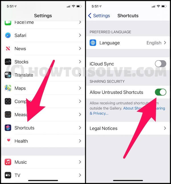 Enable Untrusted Shortcut on iPhone from settings