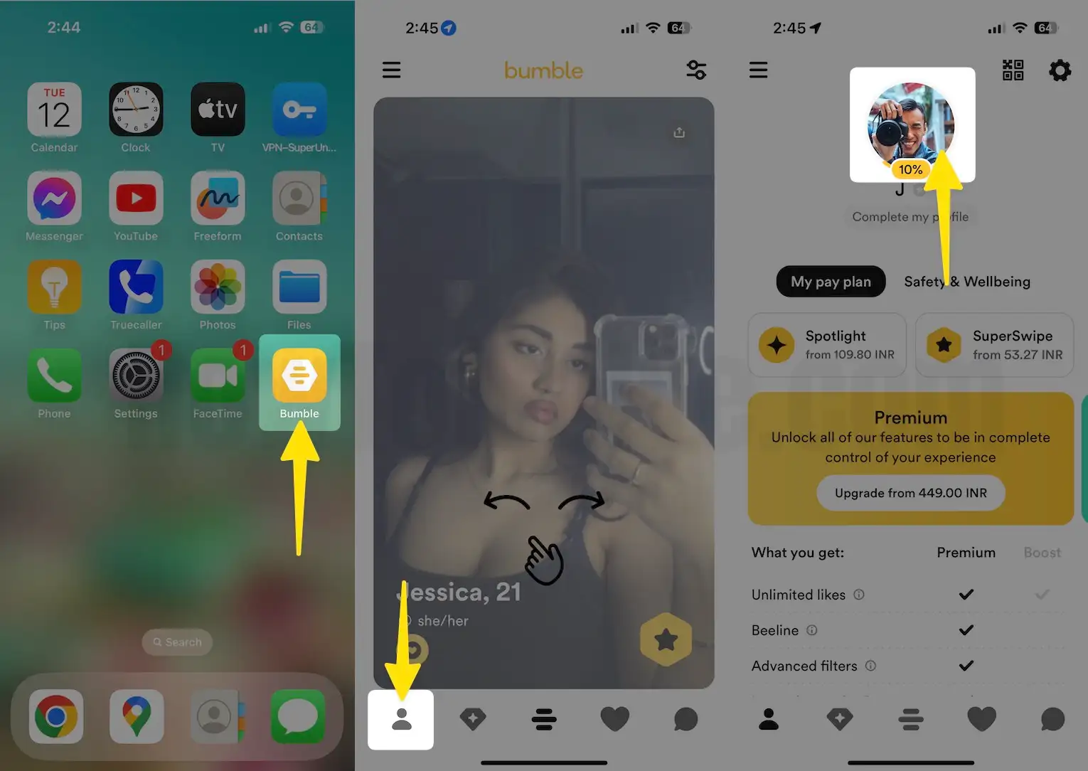 Open bumble app tap profile name on iPhone